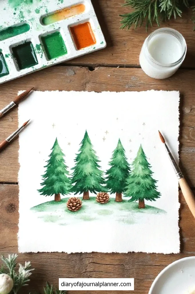 Watercolor of evergreen trees and pinecones on paper, surrounded by paint palette and brushes.