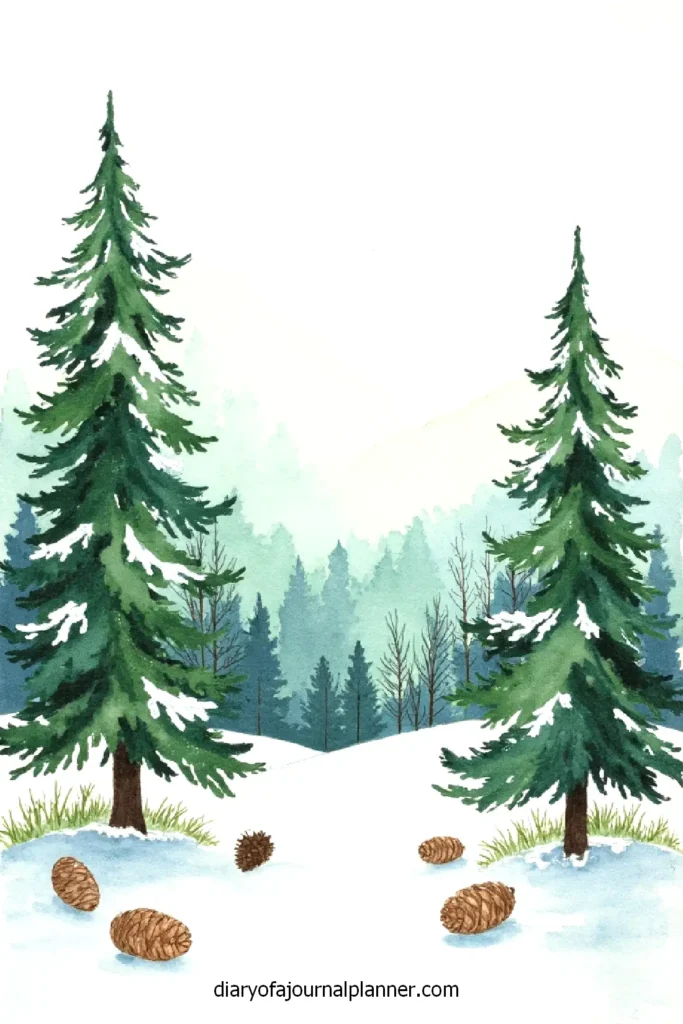Snowy evergreen forest with pine cones, watercolor painting.