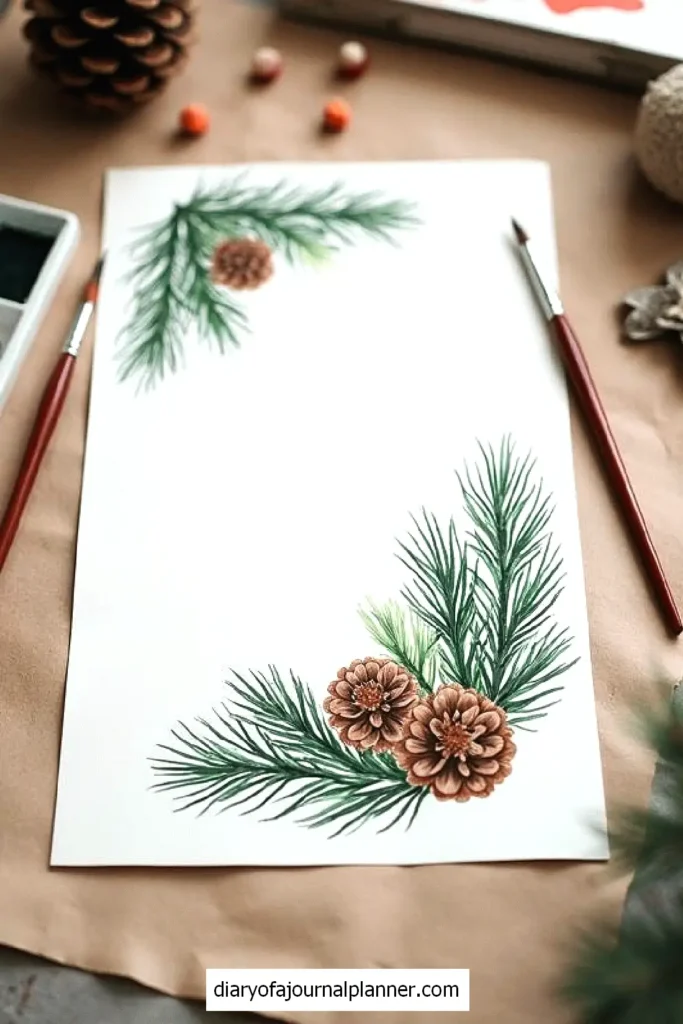 Watercolor painting of pine cones and green branches on paper, with paintbrushes beside it.