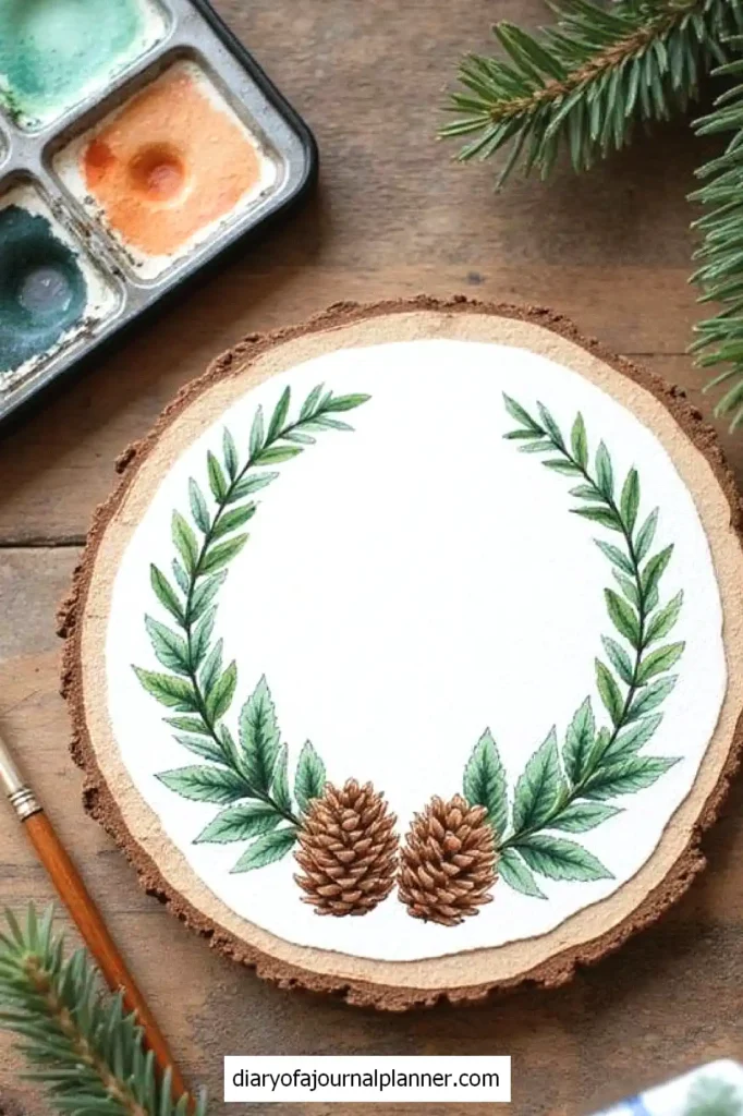 Watercolor pinecone and leaf wreath on wood slice, with paint palette and brush, rustic art theme.