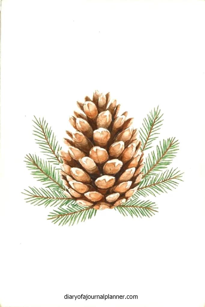 Watercolor pine cone with green needles on a white background.