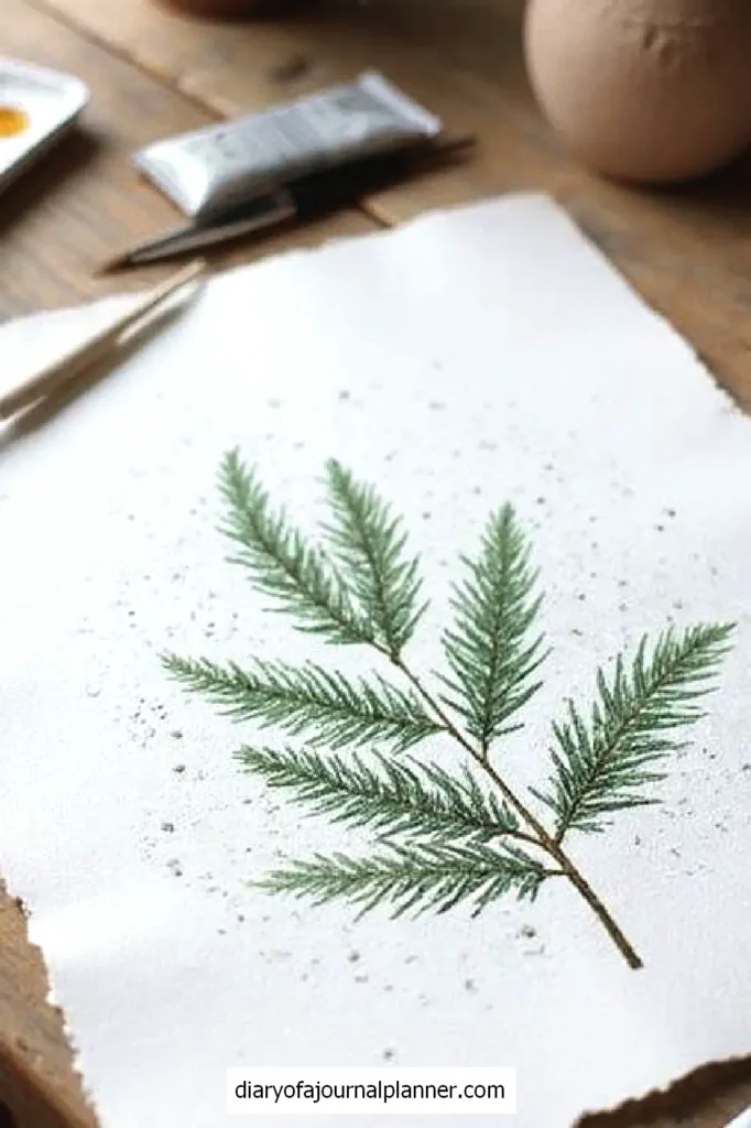 Watercolor painting of green pine branch on paper with paint supplies on wooden table.