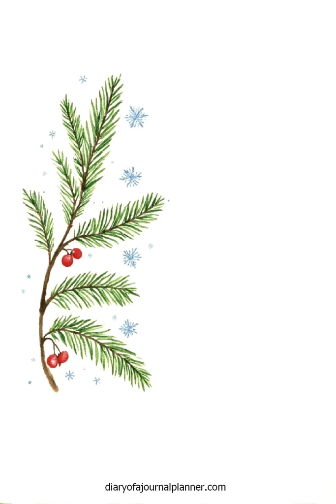 Spruce branch with red berries and snowflakes on a white background, perfect for winter or holiday designs.