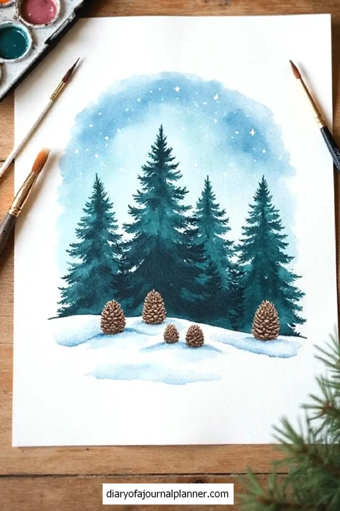 Watercolor painting of snowy pine forest with cones, brushes, and paints on a wooden table.