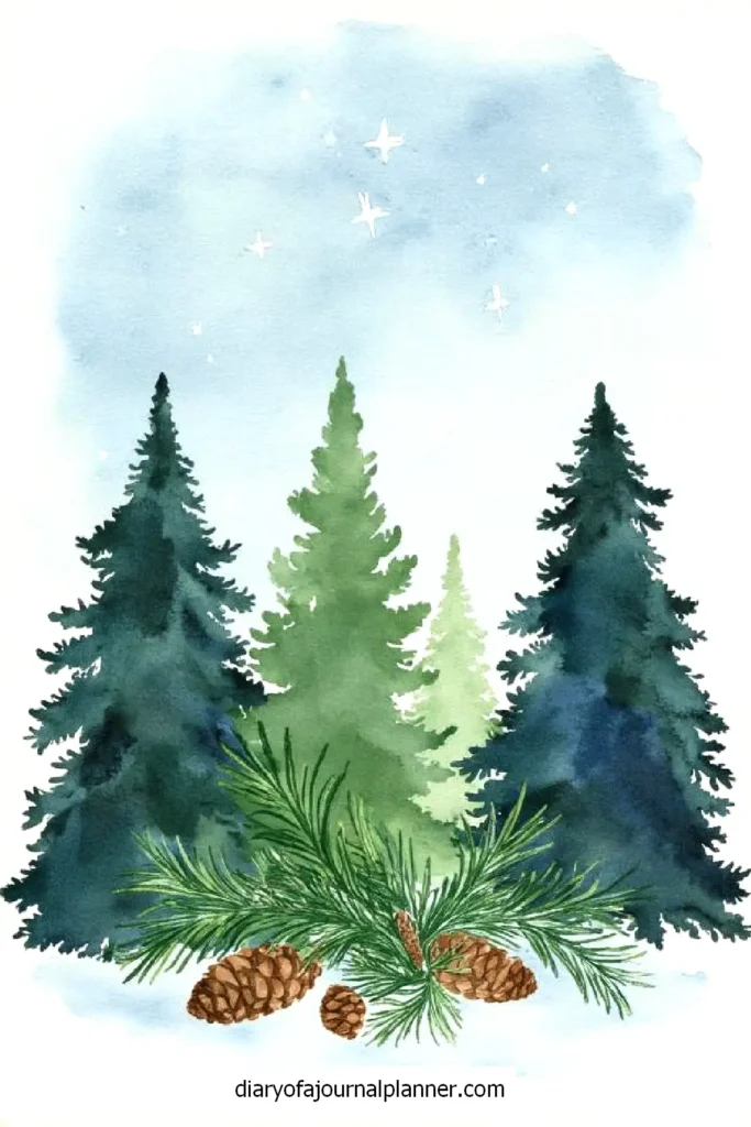 Watercolor illustration of evergreen trees and pinecones under a starry winter sky.