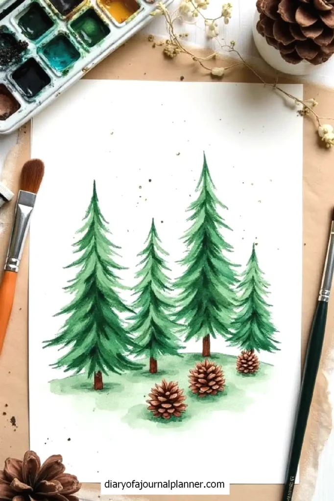 Watercolor painting of pine trees and cones surrounded by art supplies, ideal for creative inspiration.