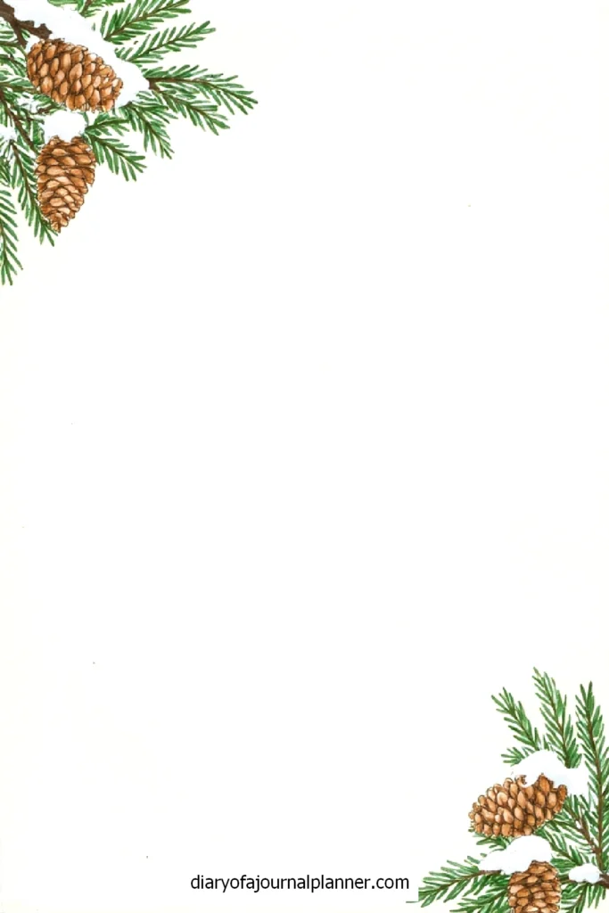 Pine branches and cones decorate a blank white page, perfect for festive stationery or holiday invitations.