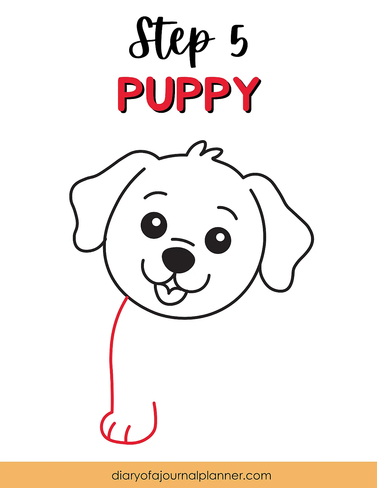 Step 5: Drawing a cute puppy face with one paw in progress, showing simple lines and instructions.