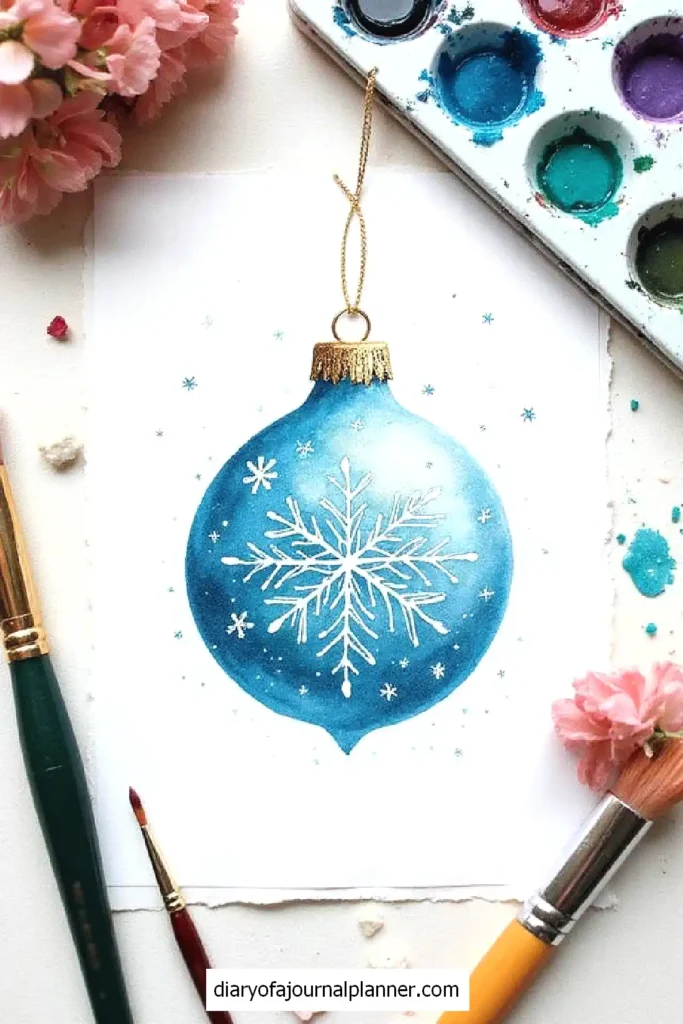 Watercolor of a blue ornament with a snowflake design, surrounded by brushes and paint palette.