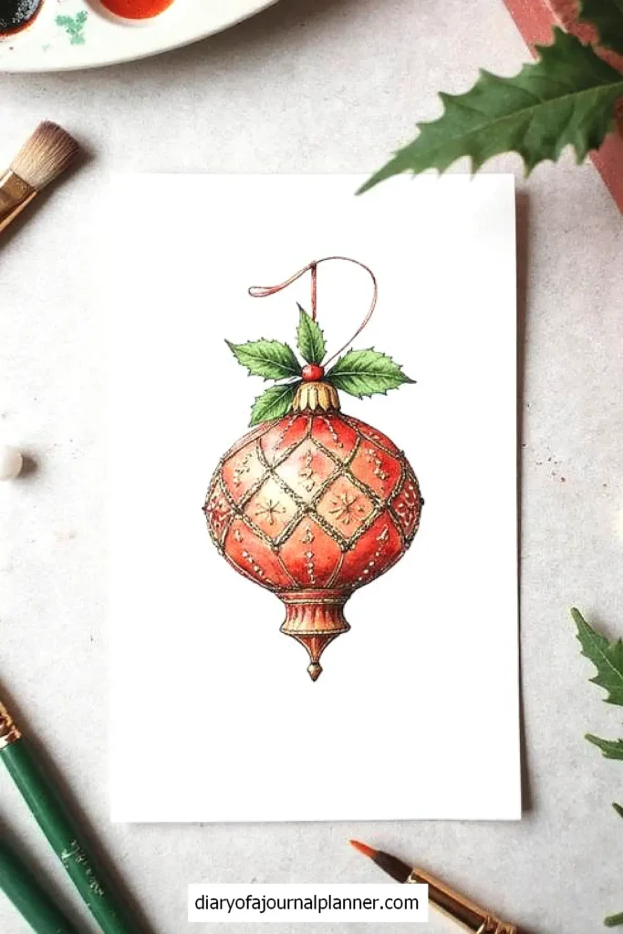 Vintage red Christmas ornament watercolor with green leaves on paper, surrounded by paint supplies and holly.