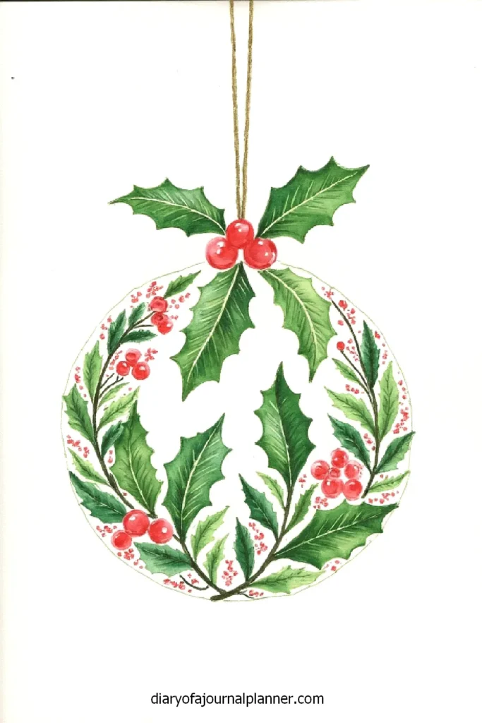 Watercolor Christmas wreath with holly leaves and red berries, hanging by a string.