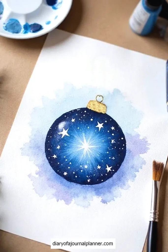 Watercolor painting of a starry Christmas ornament with brushes and paint palette.