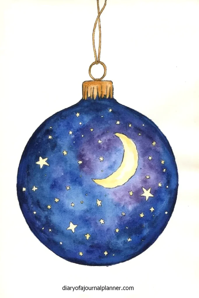 Watercolor Christmas ornament with a crescent moon and stars on a deep blue background.