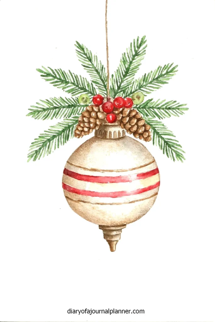 Vintage Christmas ornament with red stripes, pine branches, berries, and pinecones, perfect holiday decoration illustration.