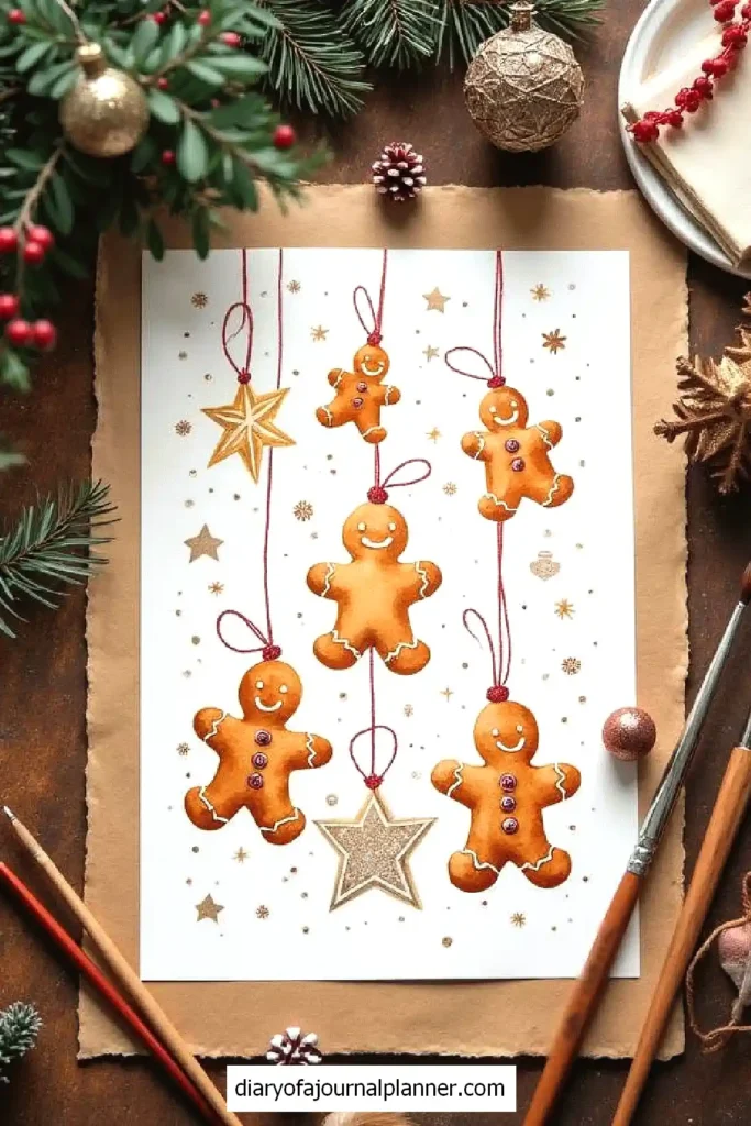 Gingerbread men and stars hang on strings in a festive holiday card with pine branches and ornaments nearby.