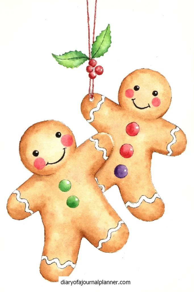 Two smiling gingerbread men ornaments with colorful buttons, hanging from red string with holly leaves.