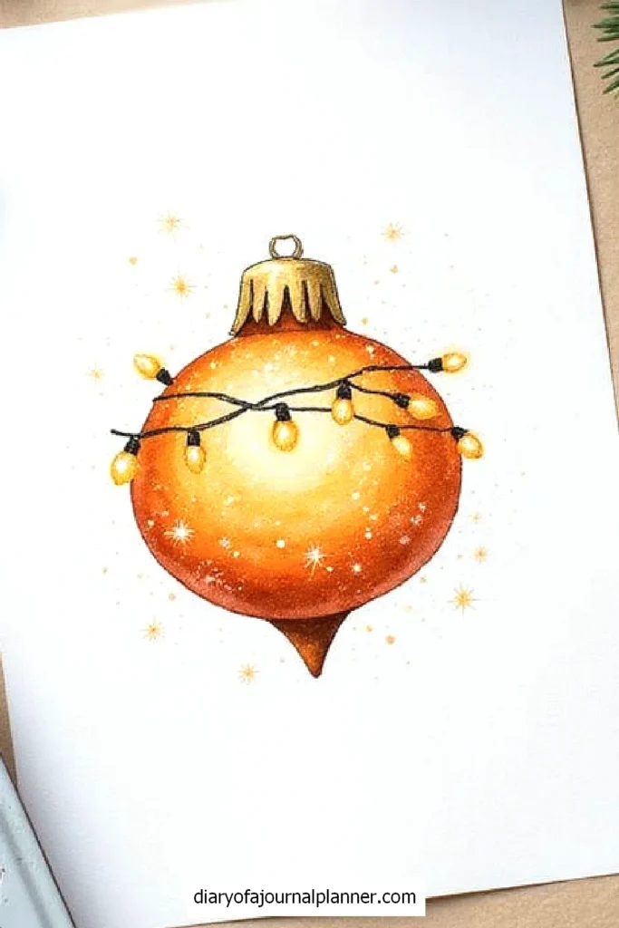 Orange Christmas ornament with fairy lights and star accents on white background. Festive holiday decoration illustration.