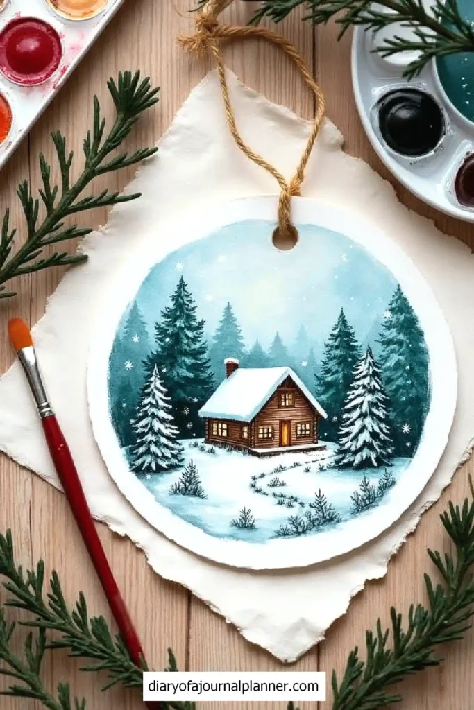 Watercolor cabin in snowy forest, surrounded by trees, paintbrush, and palette for a cozy winter design.