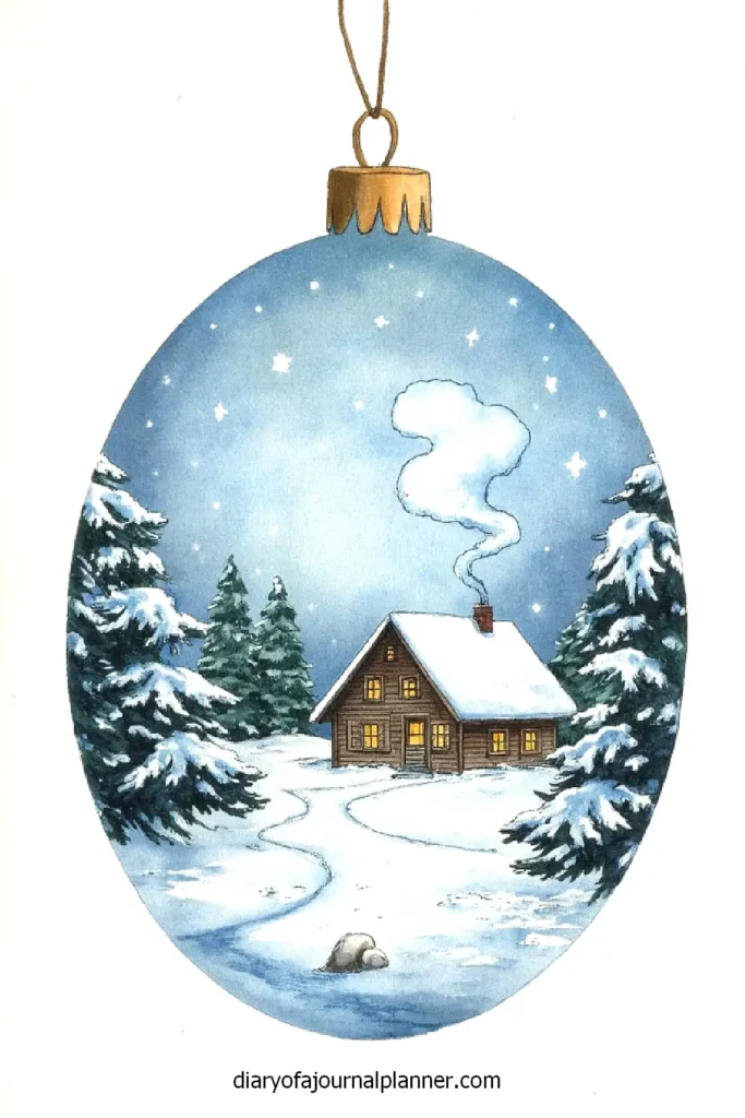 Illustration of a cozy cabin in snowy woods on a Christmas ornament with stars and a cloudy sky.