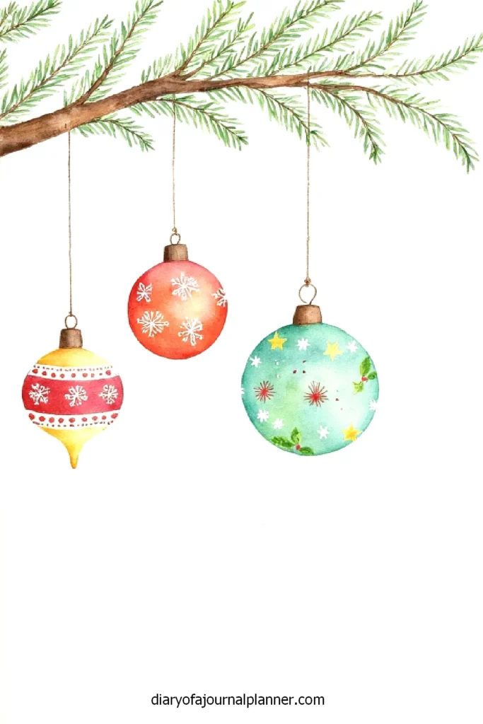 Hand-painted Christmas ornaments hanging from a pine branch, featuring festive designs and vibrant colors.