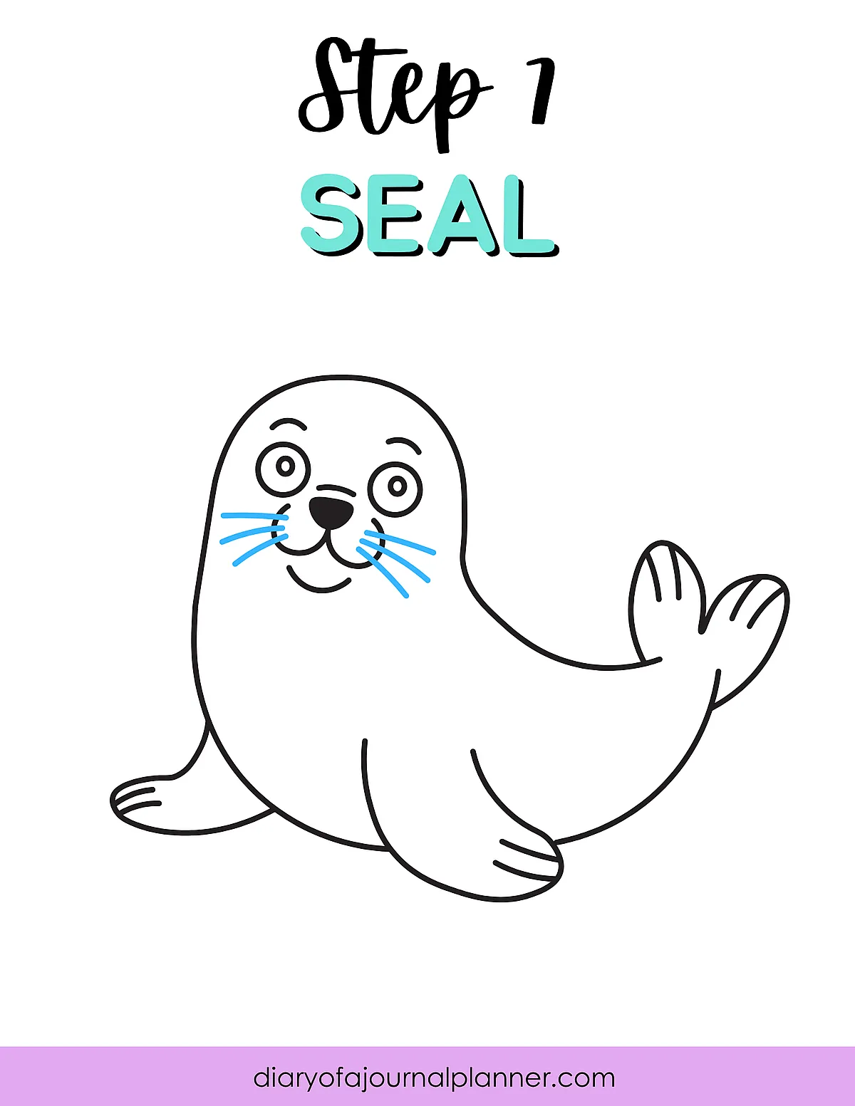 Cartoon seal drawing tutorial step 1 with smiling seal illustration and text.