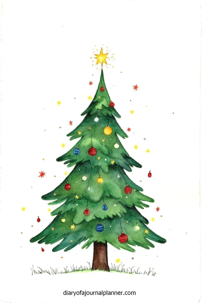 Watercolor Christmas tree with ornaments and a star topper, surrounded by colorful stars on a white background.