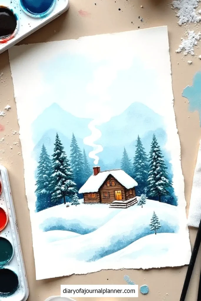 Watercolor of a snowy cabin in pine forest with mountains; art supplies in view. Cozy winter scene.