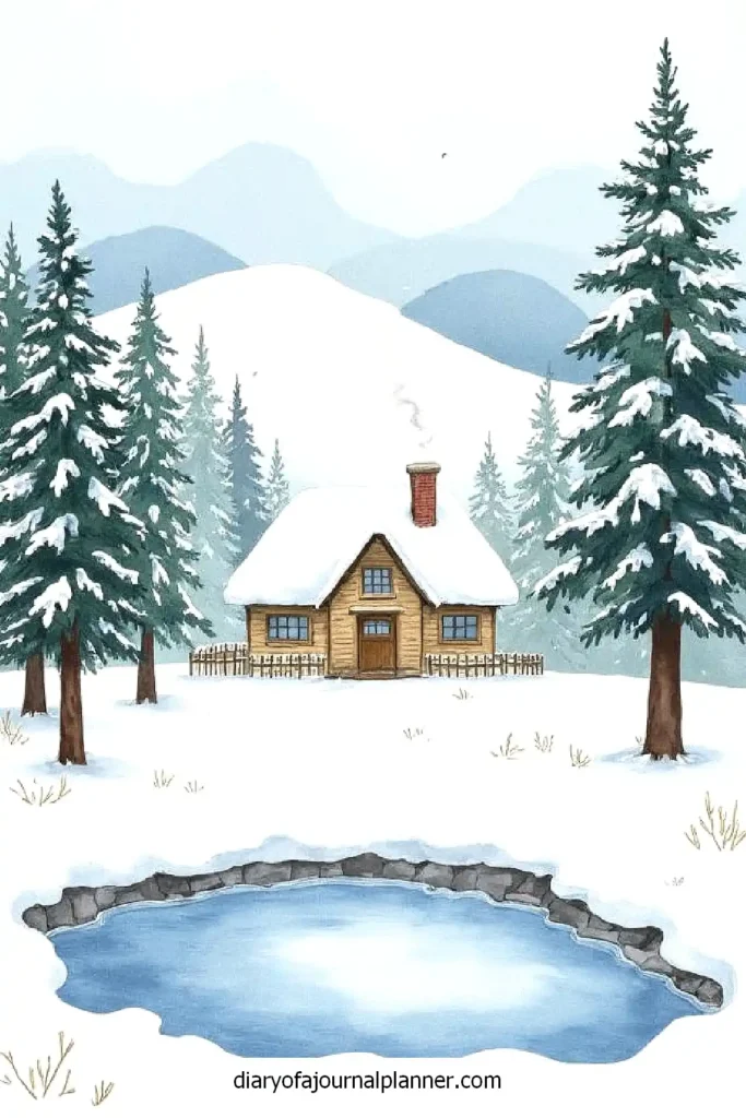 Winter cabin in snowy landscape with pond and pine trees; serene mountain view.