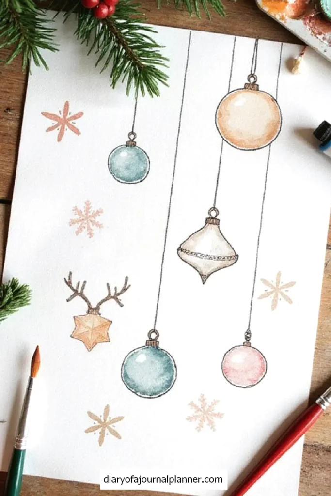 Watercolor Christmas ornaments and snowflakes on paper with pine branches and brushes.