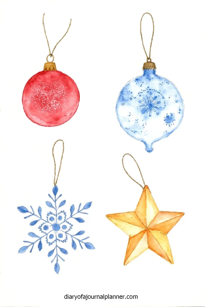Watercolor Christmas ornaments: red, blue, snowflake, and star. Festive holiday decorations for seasonal joy.