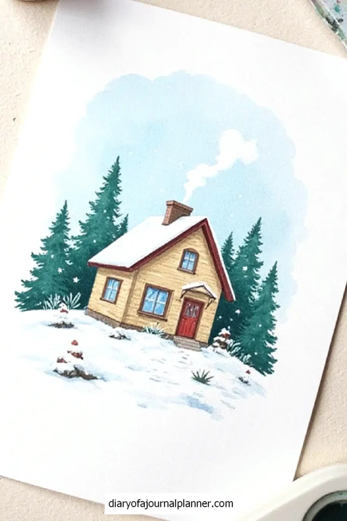 Cozy cabin illustration in snowy landscape with pine trees and chimney smoke.