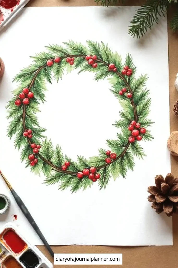 Watercolor Christmas wreath with pine needles and red berries on a white paper, surrounded by art supplies.