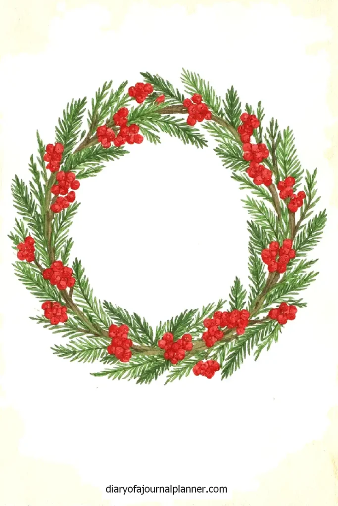 Watercolor Christmas wreath with green pine branches and red berries forming a festive decorative circle.