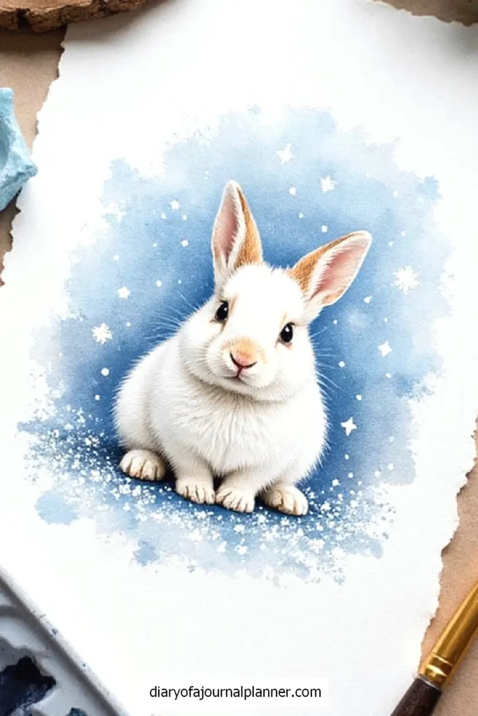 Cute watercolor illustration of a fluffy white rabbit with blue starry background.