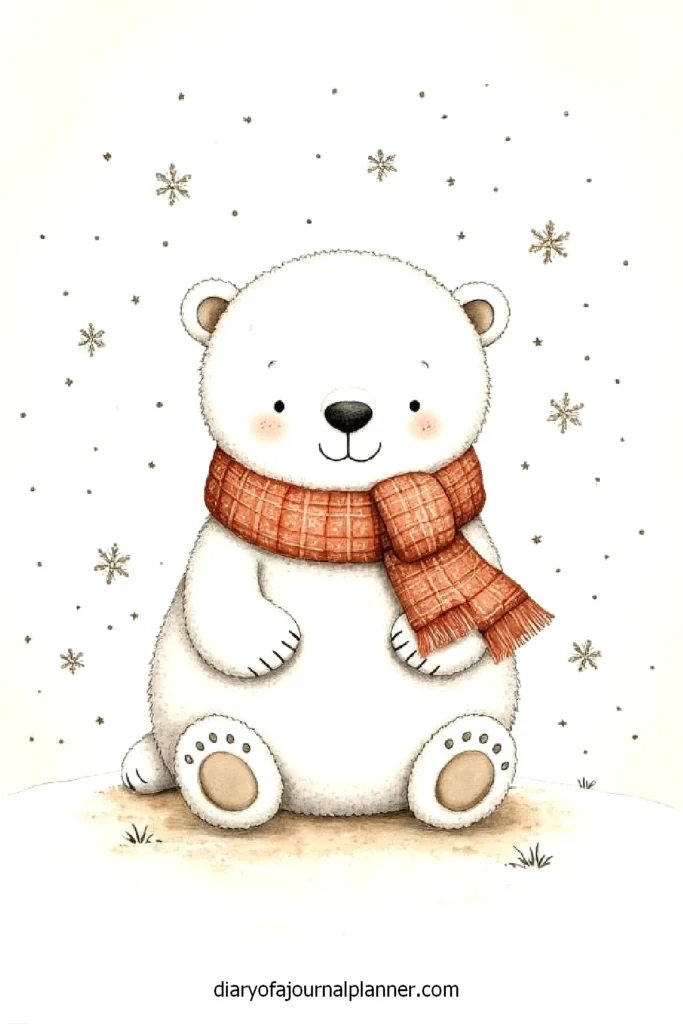 Cute polar bear with red scarf surrounded by snowflakes, winter illustration.