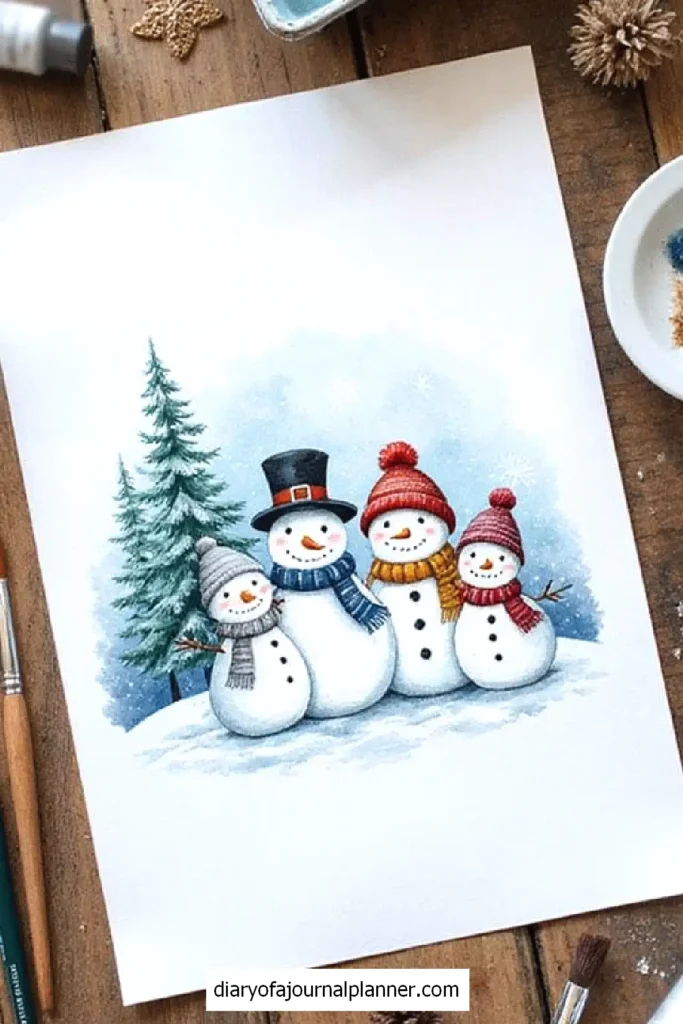 Four smiling snowmen in scarves and hats stand on snow, with a pine tree in the background, on a wooden table.