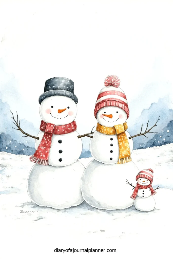 Cheerful snowman family with scarves and hats in a snowy landscape.