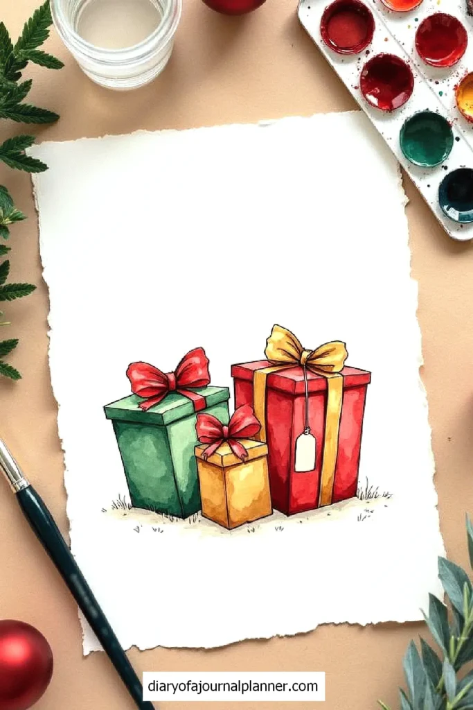 Watercolor painting of three gift boxes with bows on paper, surrounded by paint palette and brush.