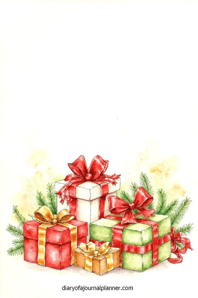 Festive watercolor illustration with Christmas gifts wrapped in red, green, and gold ribbons, surrounded by pine branches.