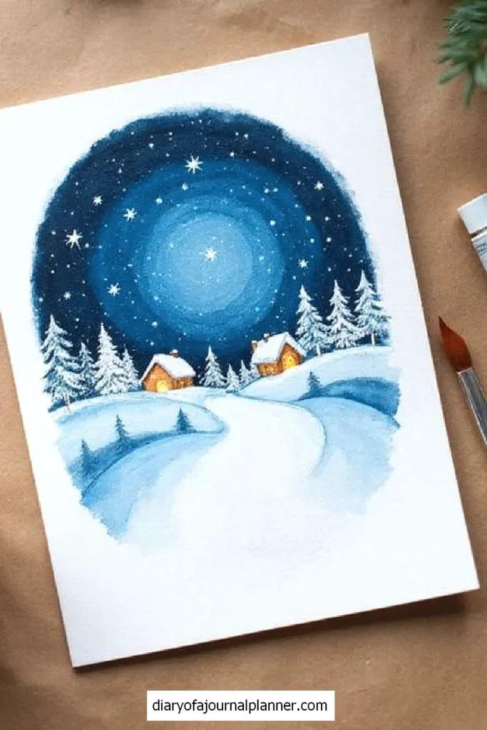 Snowy winter night scene with cozy cabins, starry sky, and pine trees painted on canvas.