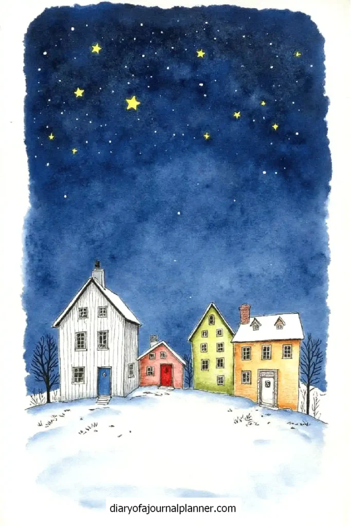 Winter village at night with colorful houses under a starry sky. Snow-covered ground enhances the cozy scene.