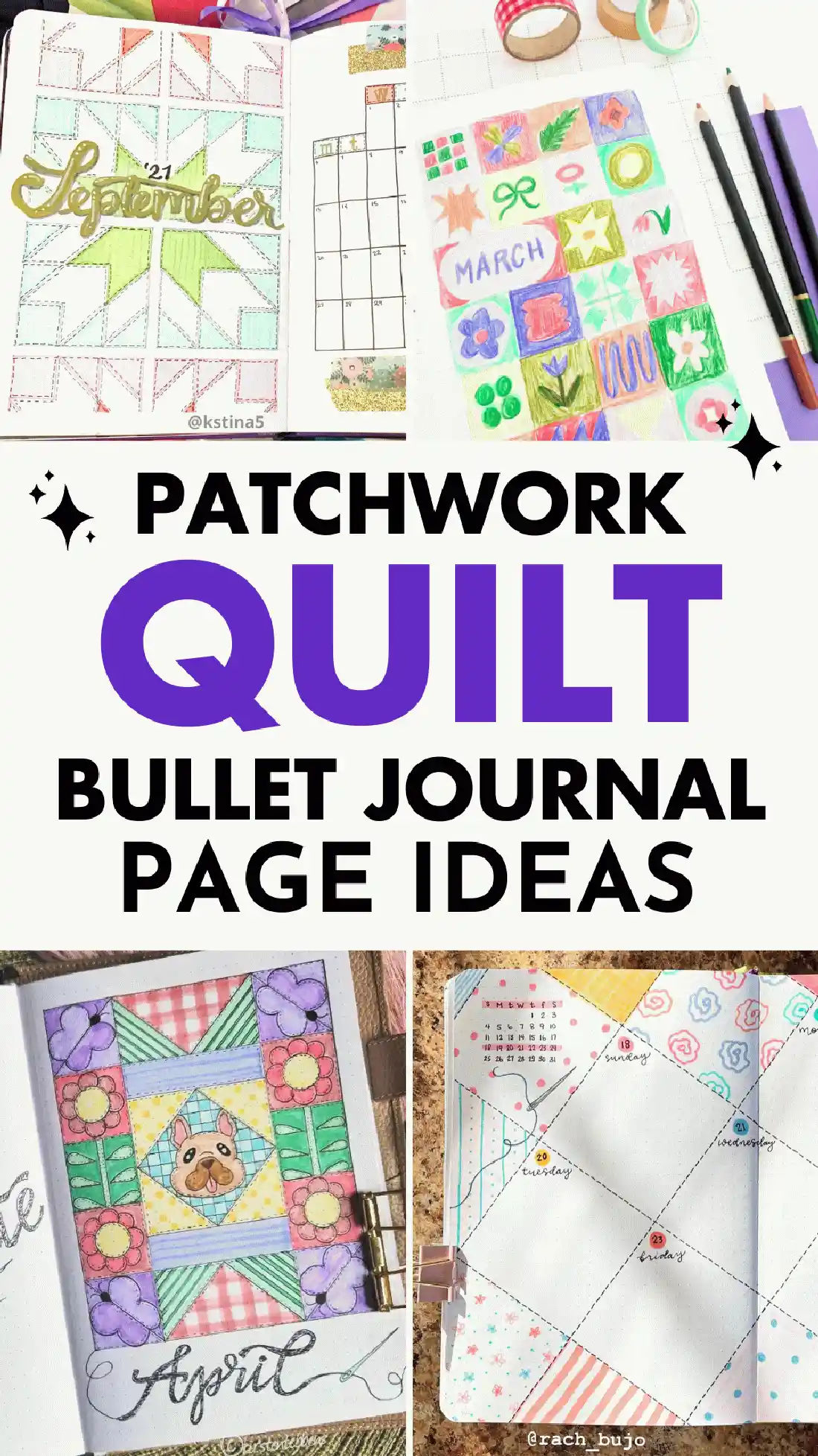 Patchwork quilt bullet journal ideas with colorful designs and layouts for creative planners.