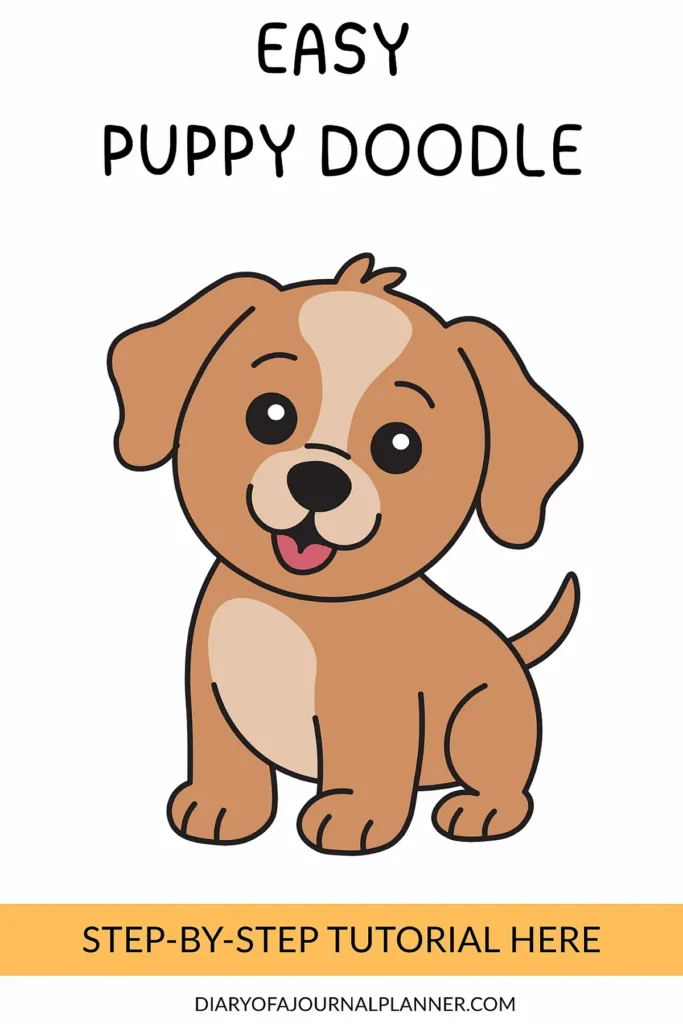 Cute cartoon puppy doodle with Easy Puppy Doodle text and a step-by-step tutorial banner below.