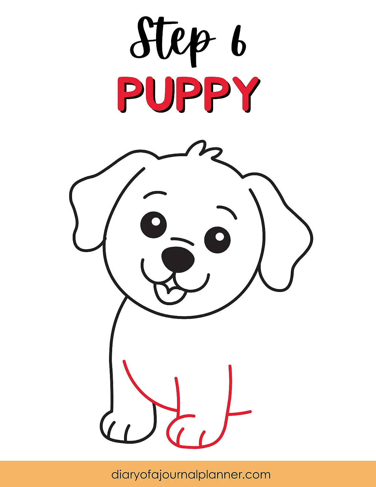 Step 6: Easy puppy drawing tutorial with outlined head and legs. Perfect guide for kids and beginners.