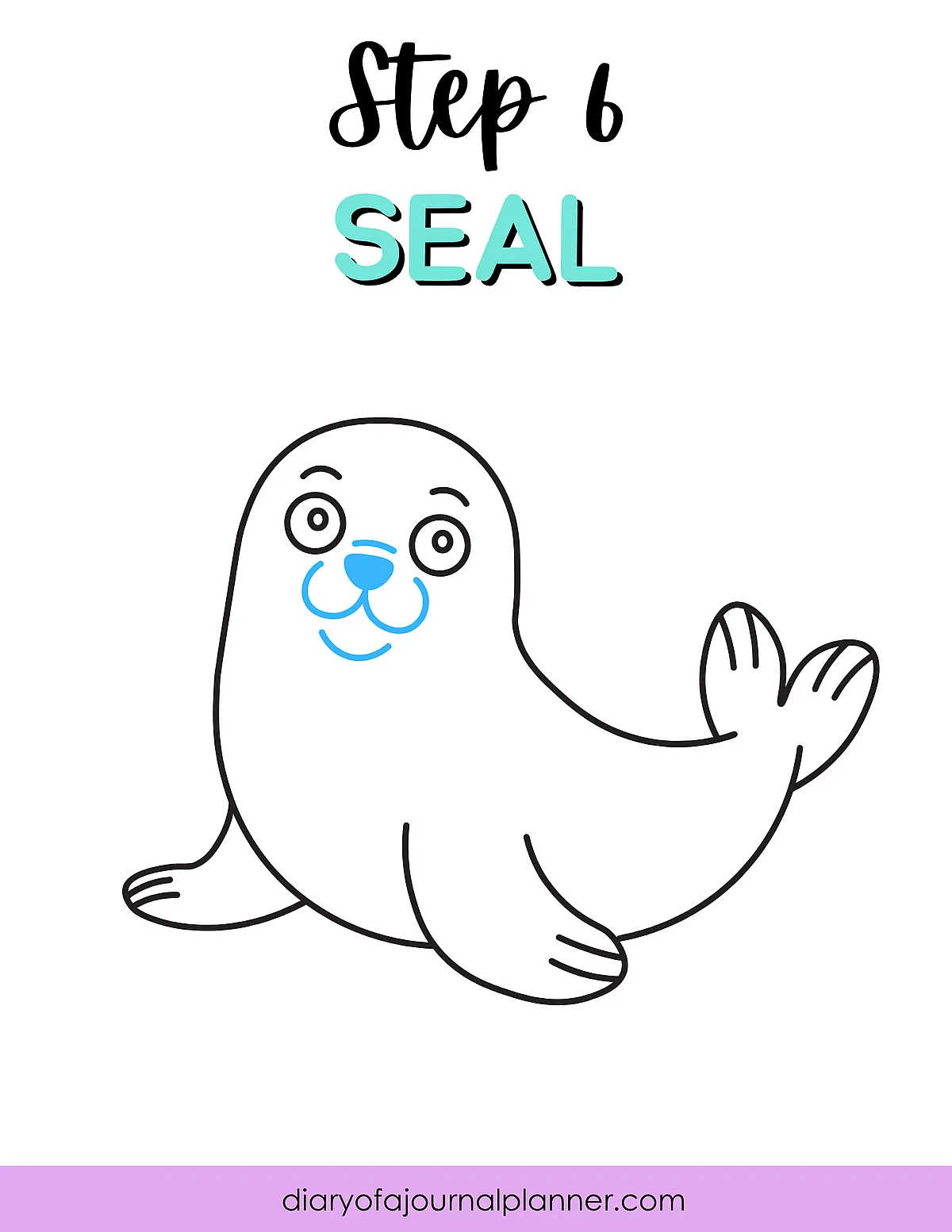 Hand-drawn seal illustration, step 6 guide from diaryofajournalplanner.com, cute and easy drawing tutorial.
