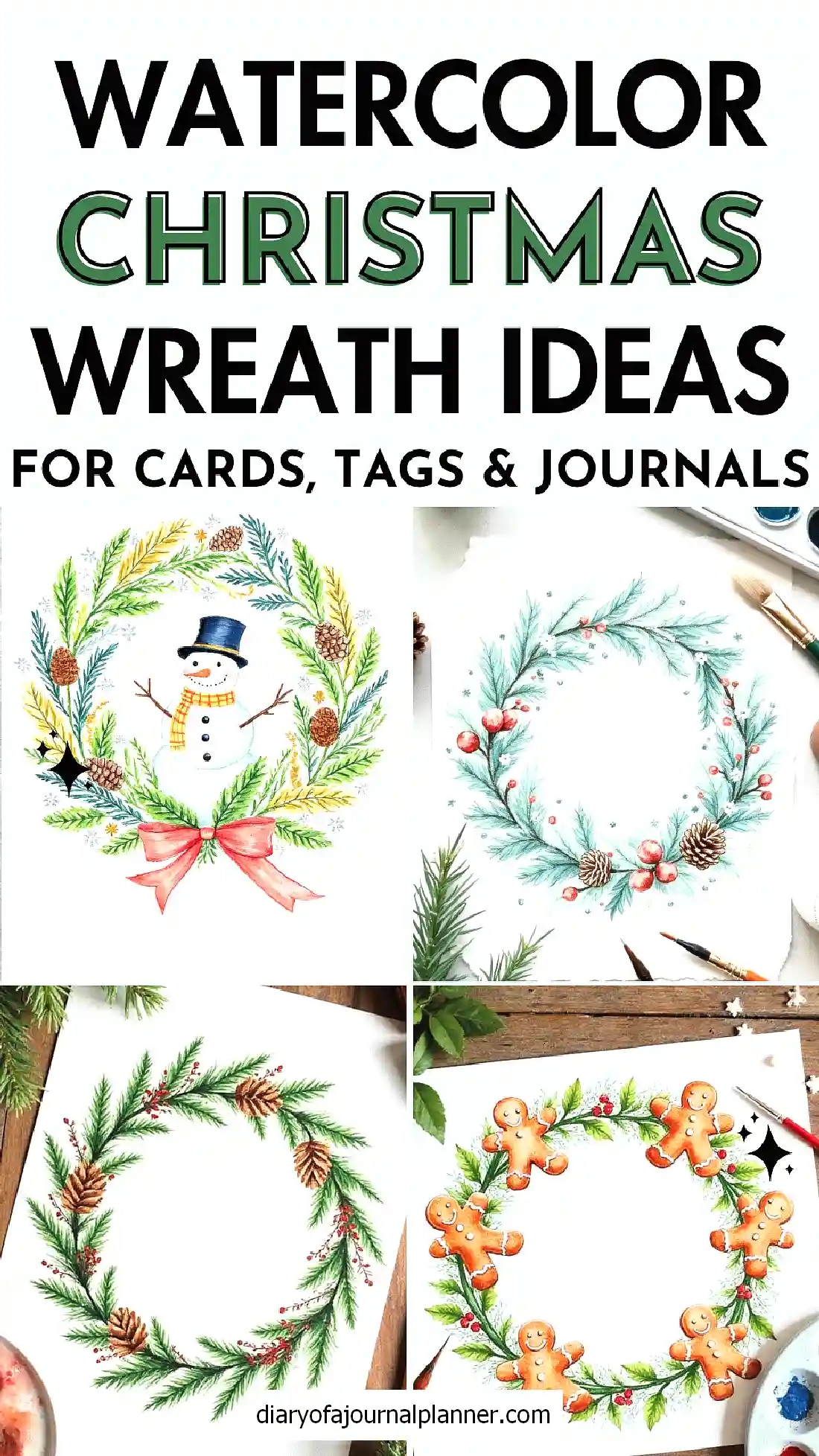 Watercolor Christmas wreath ideas for cards, tags, and journals with festive designs and holiday themes.