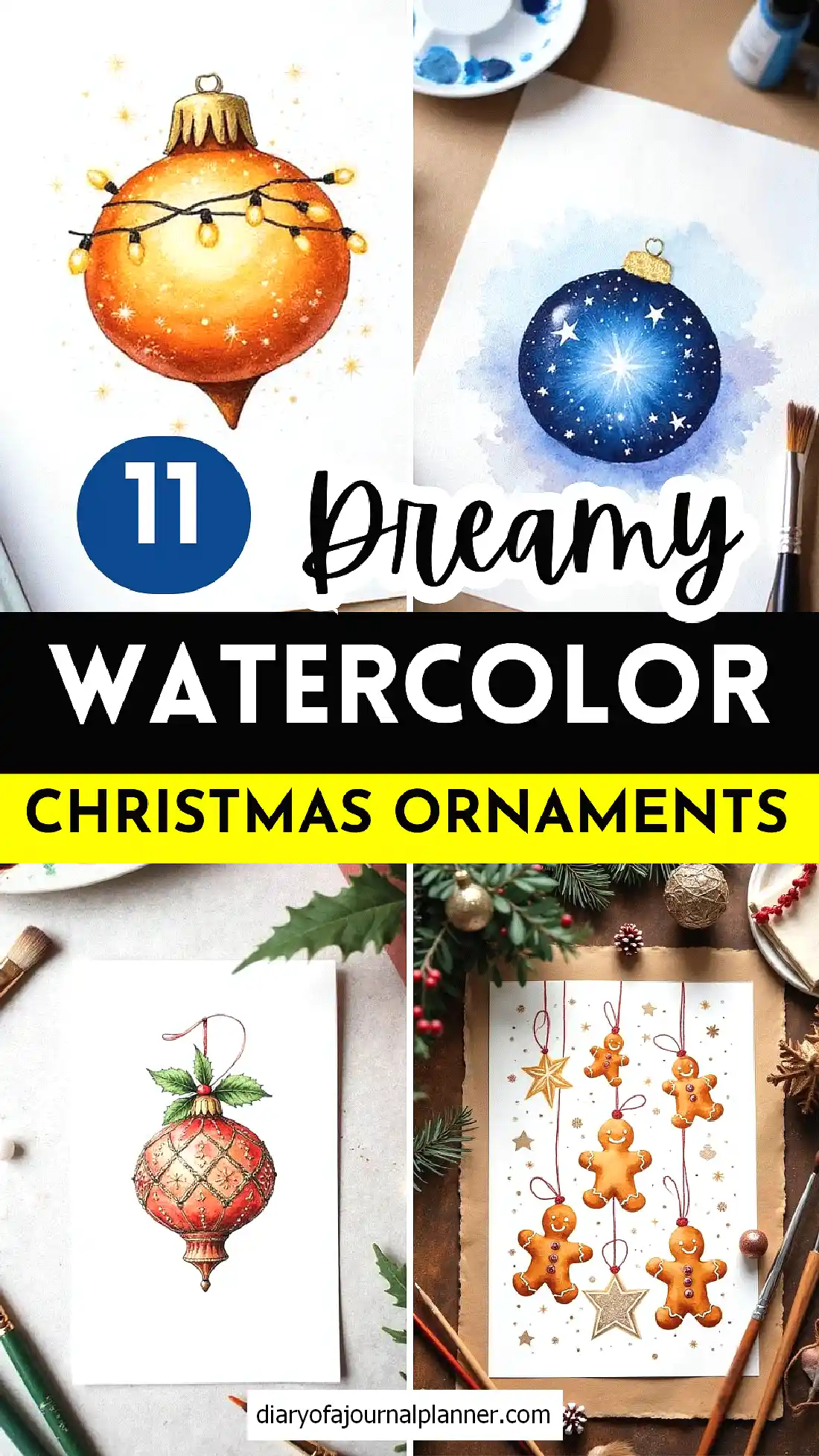 Dreamy watercolor Christmas ornaments, including gingerbread and baubles, perfect for holiday crafts.
