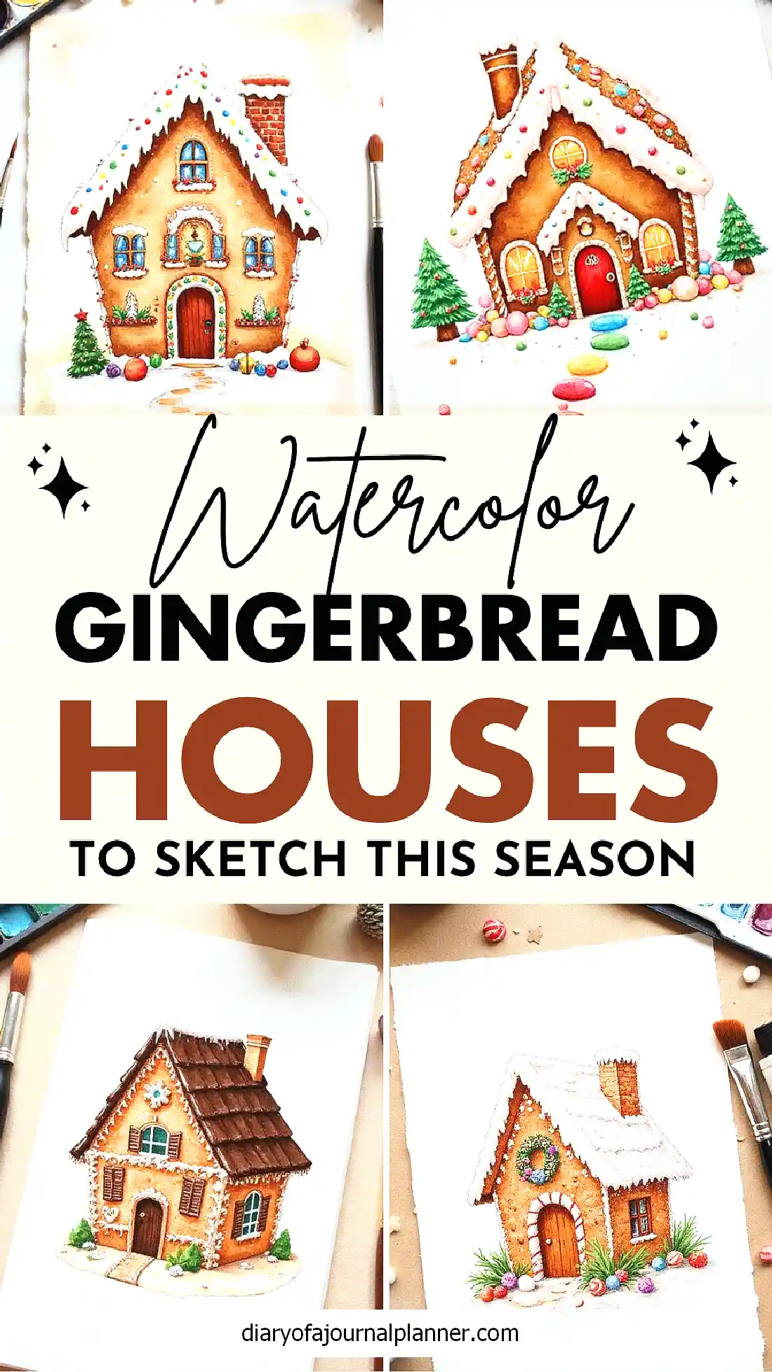 Watercolor gingerbread houses to sketch this season with festive decorations, brushes, and art supplies.