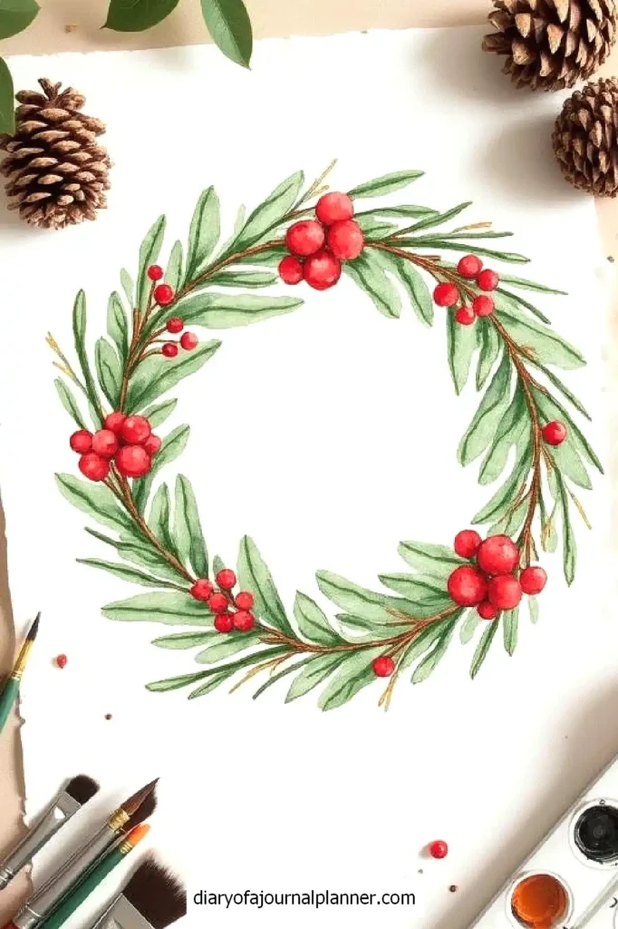 Watercolor Christmas wreath with pine needles and red berries, surrounded by paintbrushes and pine cones.