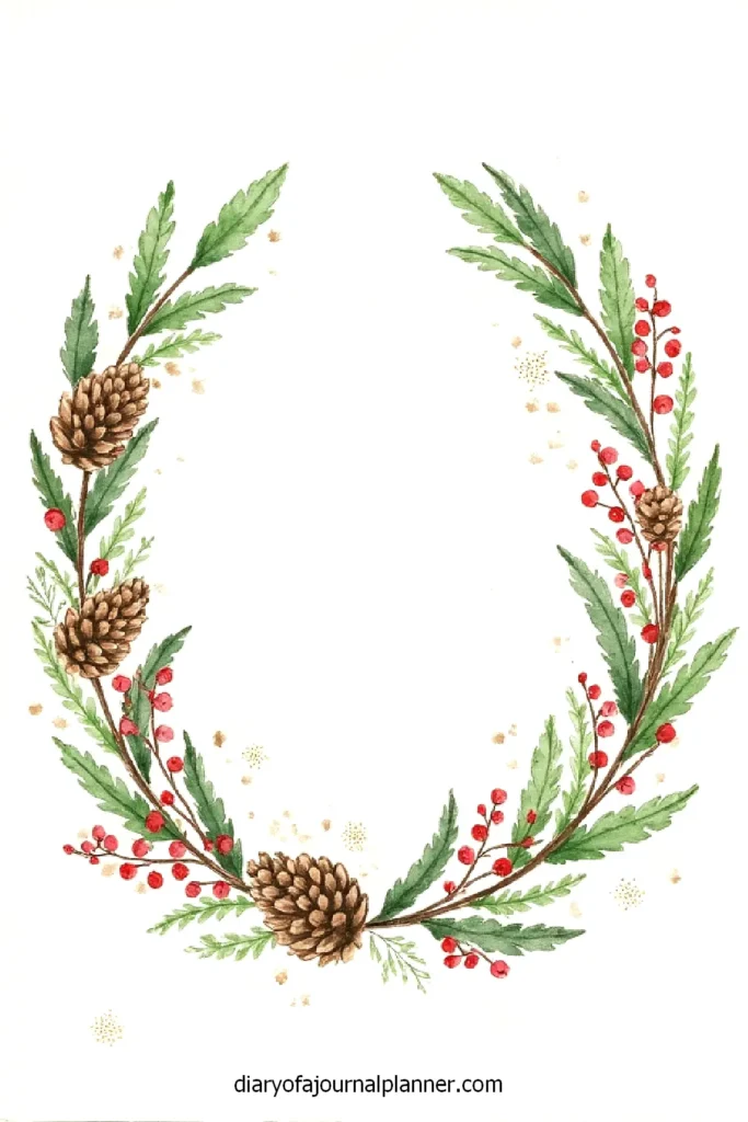 Watercolor Christmas wreath with pinecones, green leaves, and red berries on a white background.